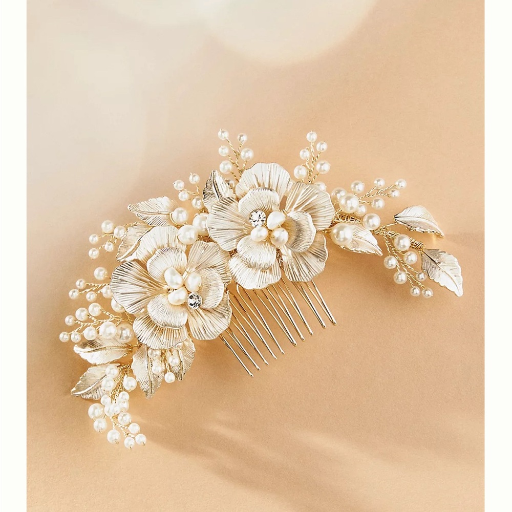 BHLDN Anthropologie Twigs & Honey Double Flower & Pearl Spray Hair Comb